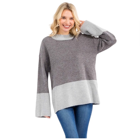 NWT Hazel Blues Colorblock Knit Sweater Gray & Light Gray Various Sizes - Picture 1 of 4